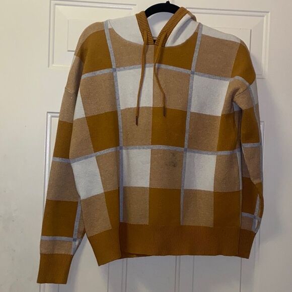 Rachel Rachel Roy Hooded Pullover Sweater Buffalo Plaid Ivory Mustard Yellow  L - Picture 1 of 5
